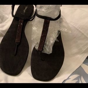 Summer Sandals in black with red Swarovski crystals on front strip.